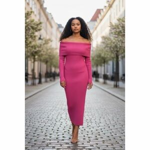 LOVERS + FRIENDS NWT Hot Pink Ribbed Off The Shoulder Midi Dress M